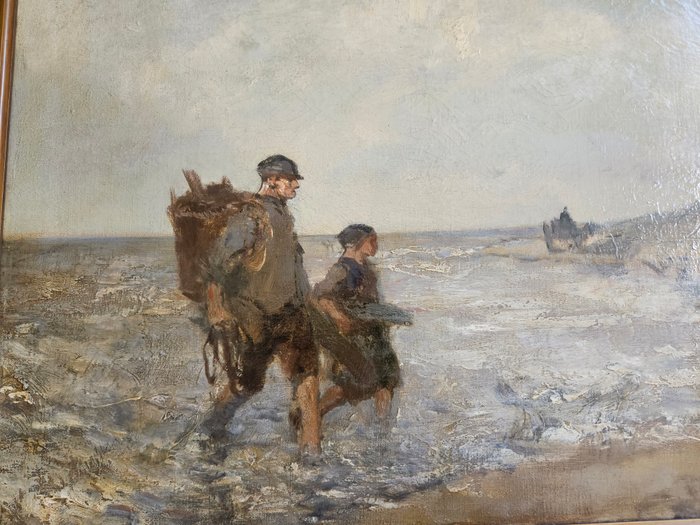 J.H. Wolhoff (1881-1941) - Marine met garnalenvissers aan het strand