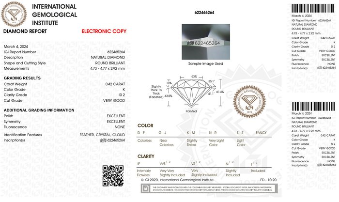 1 pcs Diamant  (Natur)  - 0.42 ct - Rund - K - SI2 - International Gemological Institute (IGI) - Premium Diamond VG EX EX