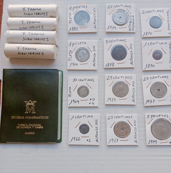 Spanien. Lote de 300 monedas + 6 billetes + cartera 1870-1997  (Ingen mindstepris)