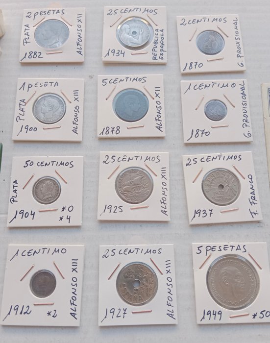 Spanien. Lote de 300 monedas + 6 billetes + cartera 1870-1997  (Ingen mindstepris)