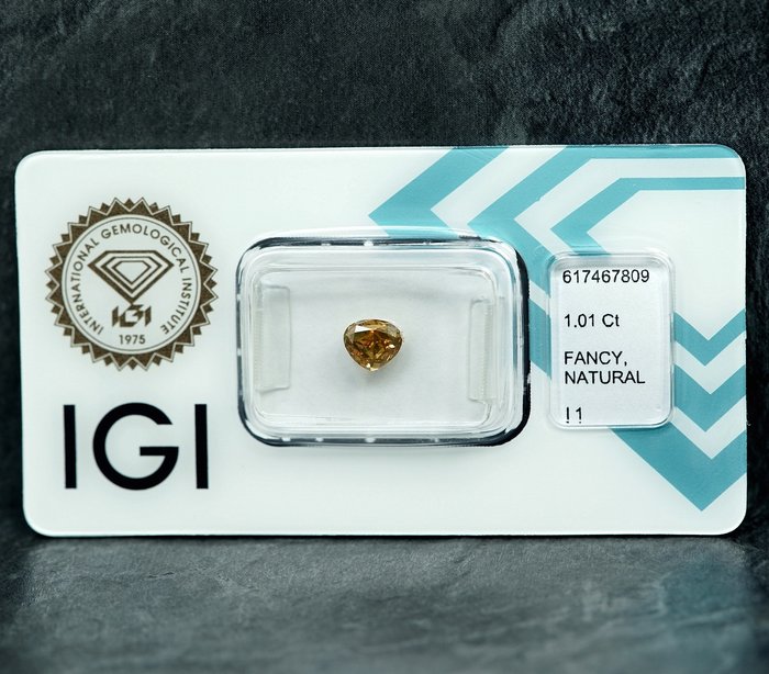 1 pcs Diamant  (Naturfarvet)  - 1.01 ct - Fancy Brunlig Gul - I1 - International Gemological Institute (IGI)