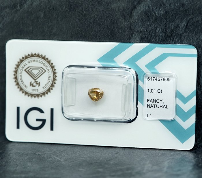 1 pcs Diamant  (Naturfarvet)  - 1.01 ct - Fancy Brunlig Gul - I1 - International Gemological Institute (IGI)