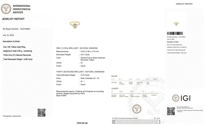 Ring - 14 karat Gulguld -  0.86ct. tw. Diamant (Naturfarvet) - Diamant