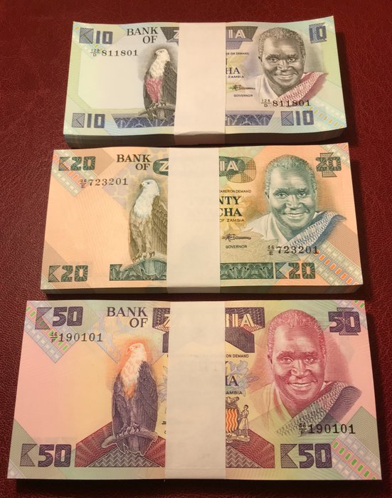 Zambia. - 100 x 10, 100 x 20, 100 x 50 Kwacha ND 1980-1988 - original bundles - Pick 26e, 27e, 28  (Ingen mindstepris)