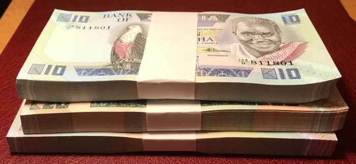 Zambia. - 100 x 10, 100 x 20, 100 x 50 Kwacha ND 1980-1988 - original bundles - Pick 26e, 27e, 28  (Ingen mindstepris)