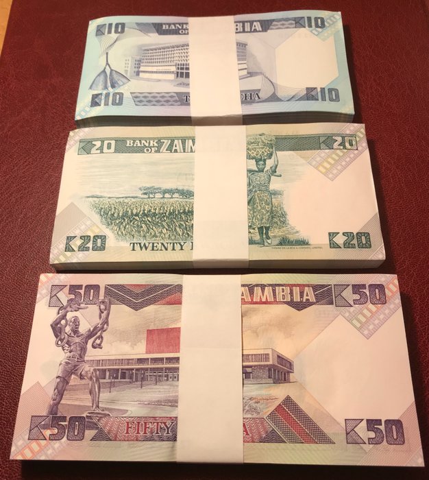 Zambia. - 100 x 10, 100 x 20, 100 x 50 Kwacha ND 1980-1988 - original bundles - Pick 26e, 27e, 28  (Ingen mindstepris)