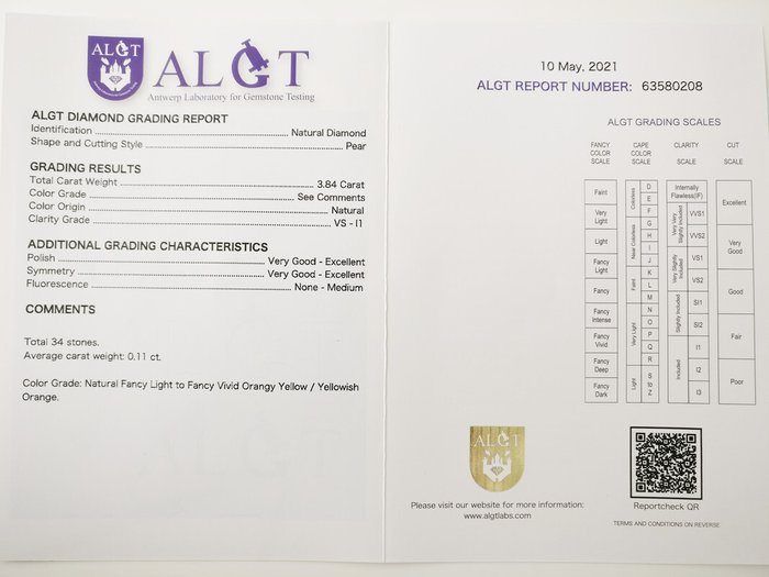 34 pcs Diamant  (Naturfarvet)  - 3.84 ct - Pære Blandet orange - I1, VS1 - Antwerp Laboratory for Gemstone Testing (ALGT)