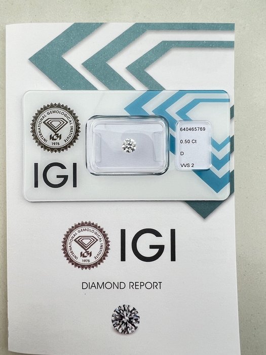 1 pcs Diamant  (Natur)  - 0.50 ct - Rund - D (farveløs) - VVS2 - International Gemological Institute (IGI)