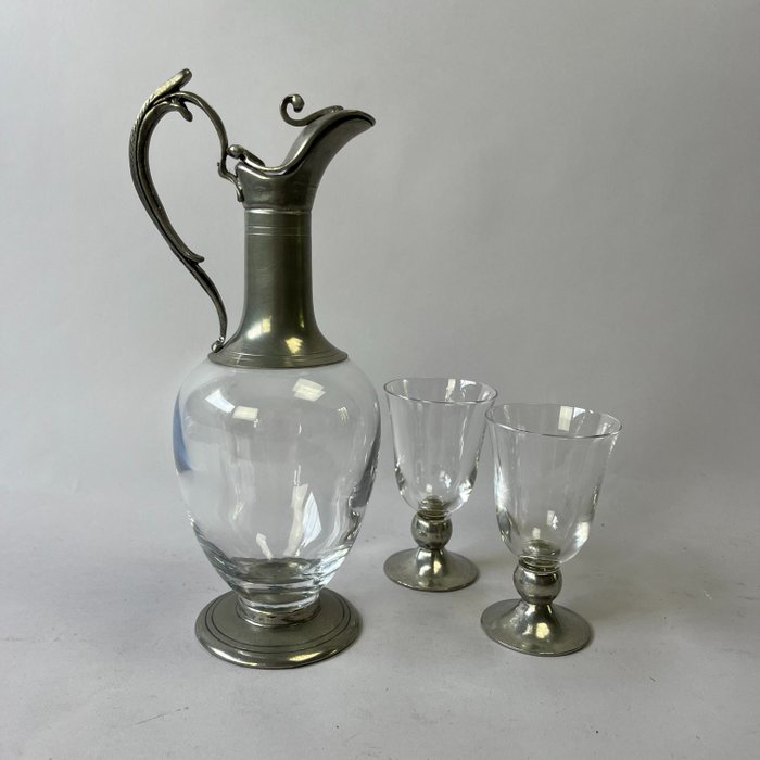 Art Nouveau vandsæt - Karaffel og to vandglas - Glas, Tin