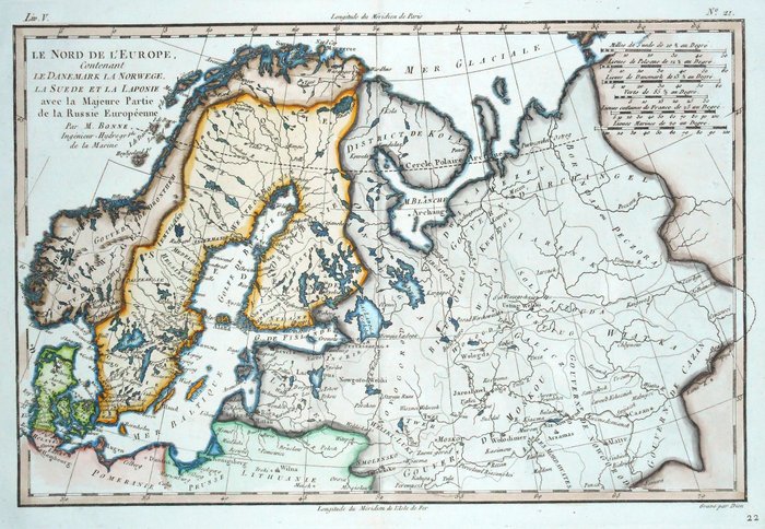 Europa - Sverige, Norge, Finland, Danmark, Estland, Rusland; Bonne / Raynal - Le Nord de l'Europe, contenant le Danemark la Norwege, la Suede et la Laponie - 1780