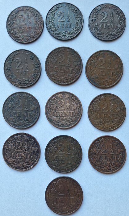 Holland. Wilhelmina (1890-1948). 2 1/2 Cent 1903-1941 (13 stuks)  (Ingen mindstepris)