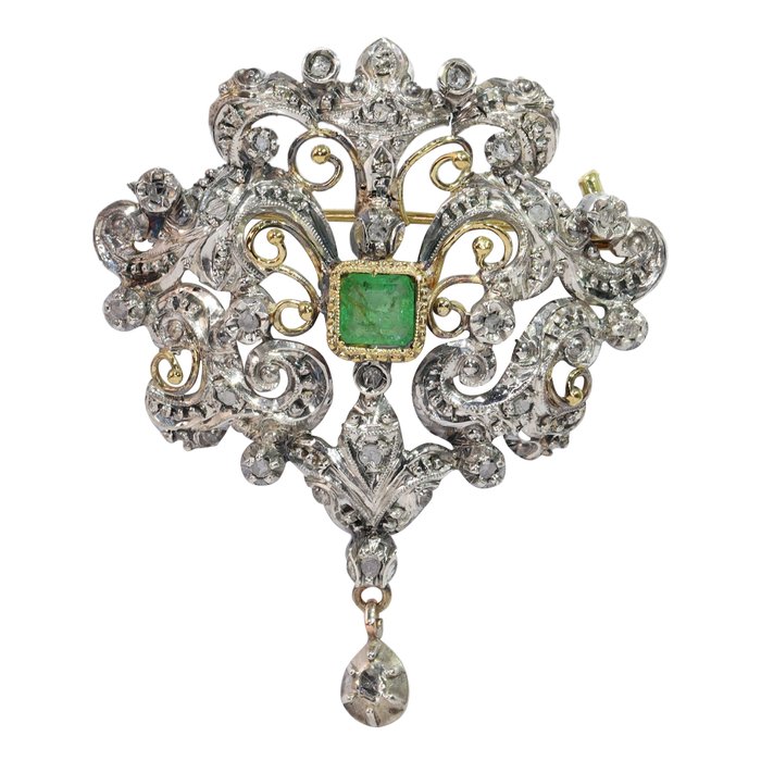 Ingen mindstepris - Broche - 18 kraat Gulguld - Diamant - Emerald - Vintage, 1960