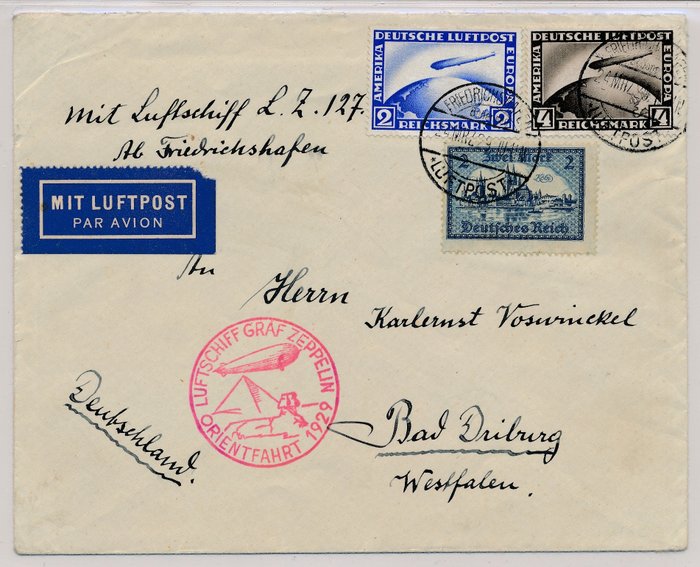 Tyske Kejserrige 1929 - Zeppelin luftskib LZ 127 - returrejse til Orienten med særlig bekræftelsesstempel type I frankeret - Michel Nr 365 und Nr 423/424