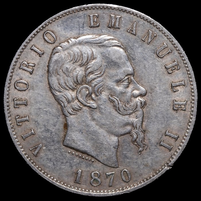 Italien, Kongeriget Italien. Vittorio Emanuele II di Savoia (1861-1878). 5 Lire 1870 Milano  (Ingen mindstepris)