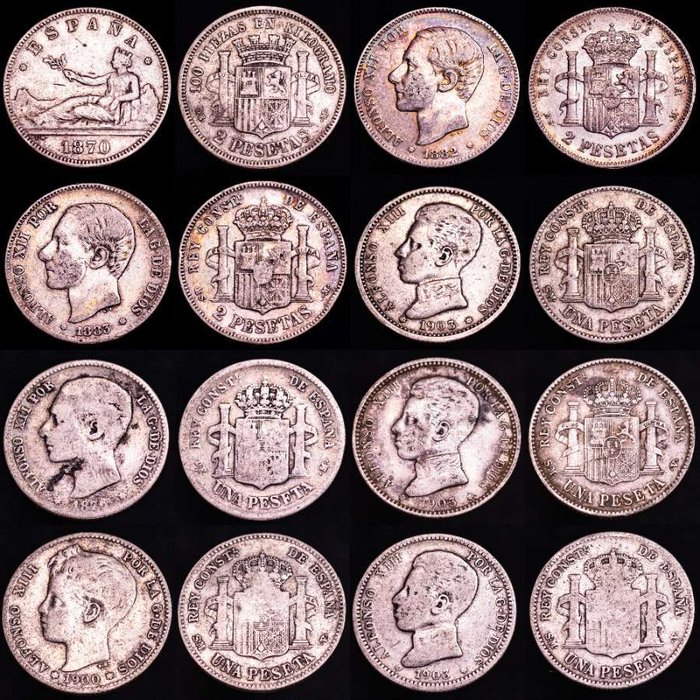 Spanien. Gobierno provisional, Alfonso XII y XIII. Conjunto de 8 monedas de plata de finales del siglo XIX.  (Ingen mindstepris)