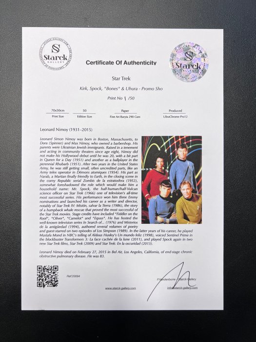 Star Trek -  Classic TV - Kirk, Spock, "Bones"  Uhura - Promo Shot - Fine Art Photography - Luxury Wooden Framed 70X50 cm - Limited Edition Nr 02 of 50 - Serial ID 20094 - Original Certificate (COA), Hologram Logo Editor and QR Code - 100% New items.