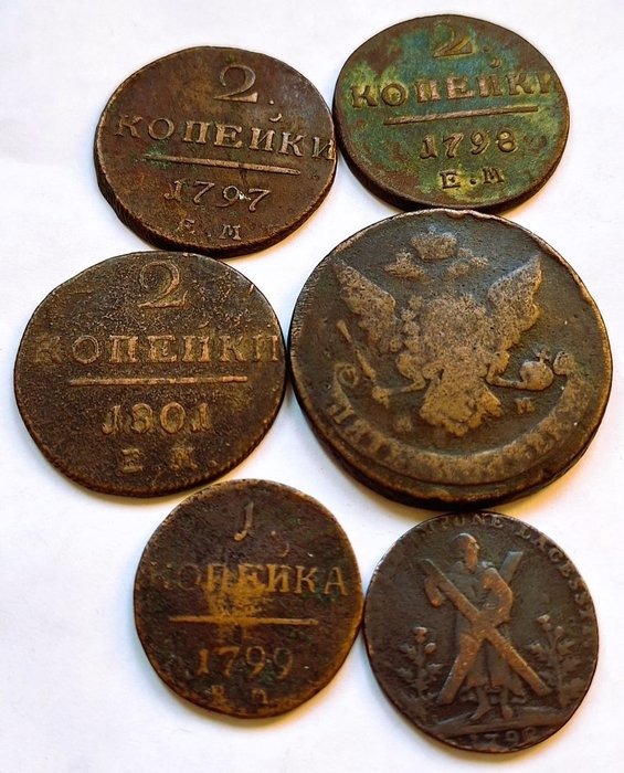 Rusland, Storbritannien. A Lot of 6x 18th century coppers 1790 - 1801  (Ingen mindstepris)