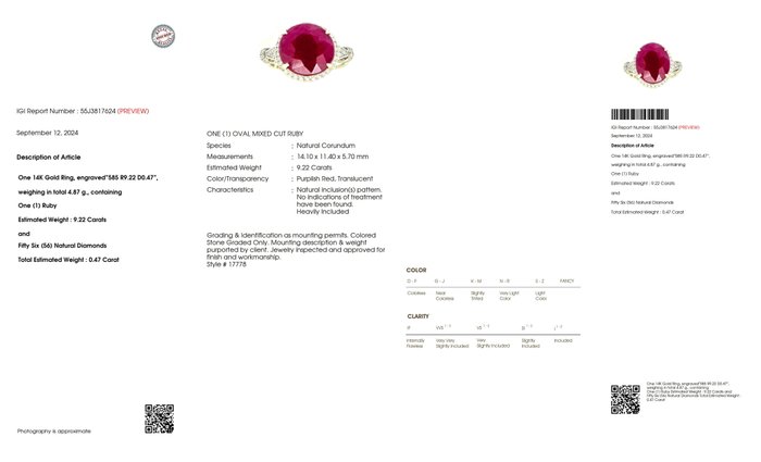 Ingen mindstepris - Ring - 14 karat Rosaguld -  969ct tw Rubin - Diamant - IGI 922 ct uopvarmet rød