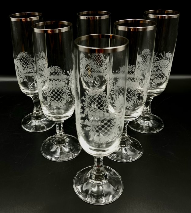 Italian Manufacturer - Champagneglas (6) - Blomstergrav - Krystal Sølv