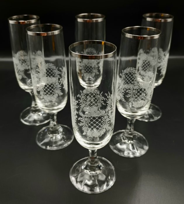 Italian Manufacturer - Champagneglas (6) - Blomstergrav - Krystal Sølv