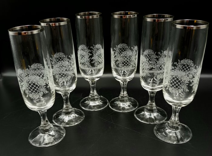 Italian Manufacturer - Champagneglas (6) - Blomstergrav - Krystal Sølv