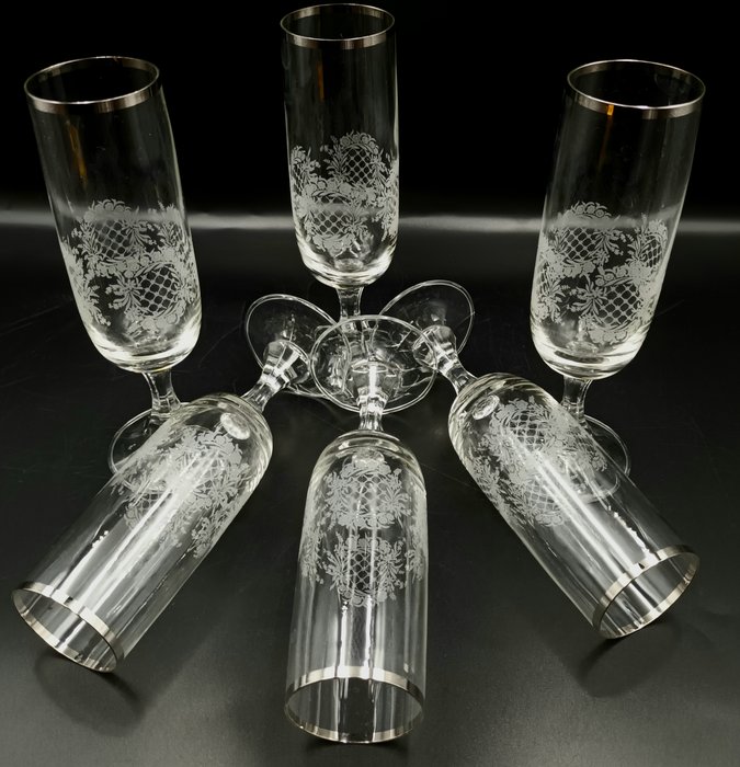 Italian Manufacturer - Champagneglas (6) - Blomstergrav - Krystal Sølv