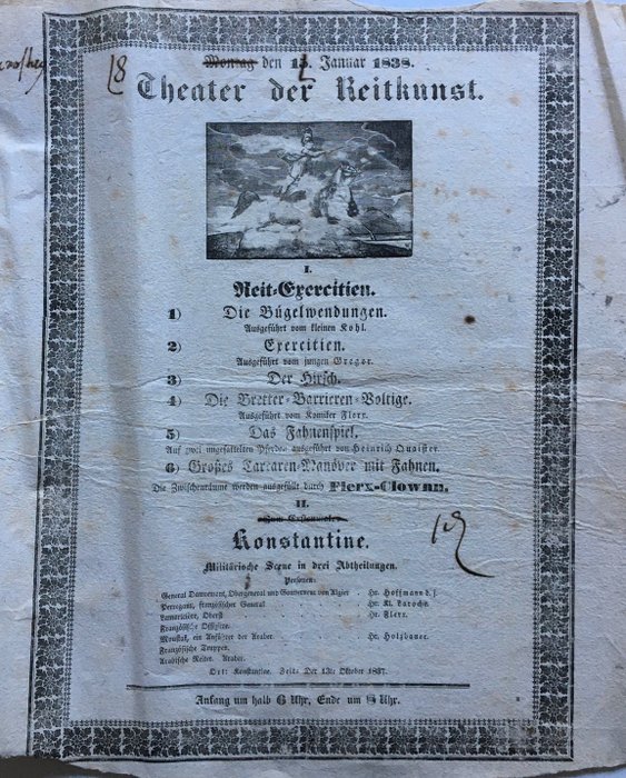 . - Theater der Reitkunst - Zirkusplakat  [Circus advertising "The 1837 siege of Constantine" etc.] - 1838