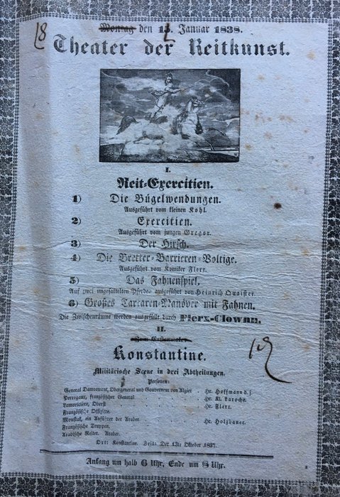 . - Theater der Reitkunst - Zirkusplakat  [Circus advertising "The 1837 siege of Constantine" etc.] - 1838