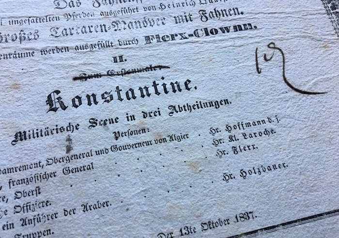 . - Theater der Reitkunst - Zirkusplakat  [Circus advertising "The 1837 siege of Constantine" etc.] - 1838