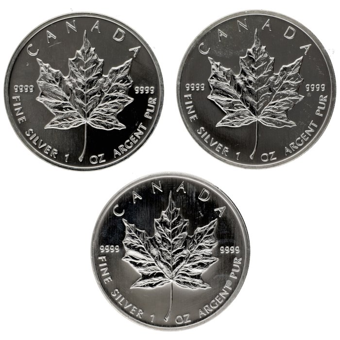 Canada. 5 Dollars 1996/2006 "Maple Leaf" 1 Oz (3 stuks)  (Ingen mindstepris)