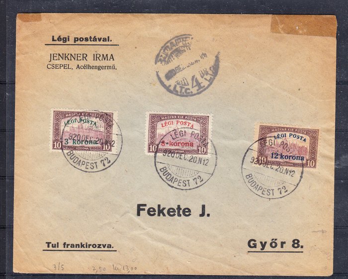 Albanien 1920 - Brev med fly fra Budapest til Gyor eksperimentel flyvning med Overprinted Legi-postserien - Michel 319/321