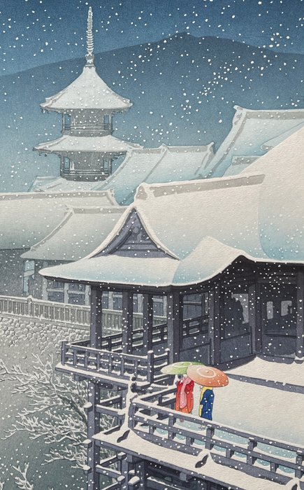 Originalt bloktryk - Papir - Kawase Hasui 川瀬巴水 (1883-1957) - "Haru no Yuki (Kyo no Kiyomizu)" (Spring Snow at Kiyomizu Temple in Kyoto) - Japan - Reiwa perioden (2019 - nu)