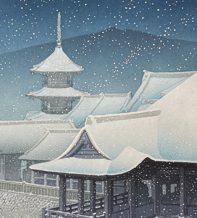 Originalt bloktryk - Papir - Kawase Hasui 川瀬巴水 (1883-1957) - "Haru no Yuki (Kyo no Kiyomizu)" (Spring Snow at Kiyomizu Temple in Kyoto) - Japan - Reiwa perioden (2019 - nu)