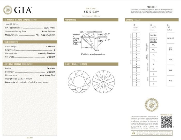 1 pcs Diamant  (Natur)  - 1.38 ct - Rund - D (farveløs) - IF - Gemological Institute of America (GIA) - Top diamant