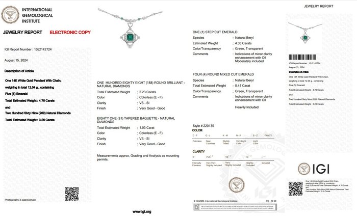 Halskæde med vedhæng - 14 karat Hvidguld -  8.02ct. tw. Smaragd - Diamant - Mesterstykke