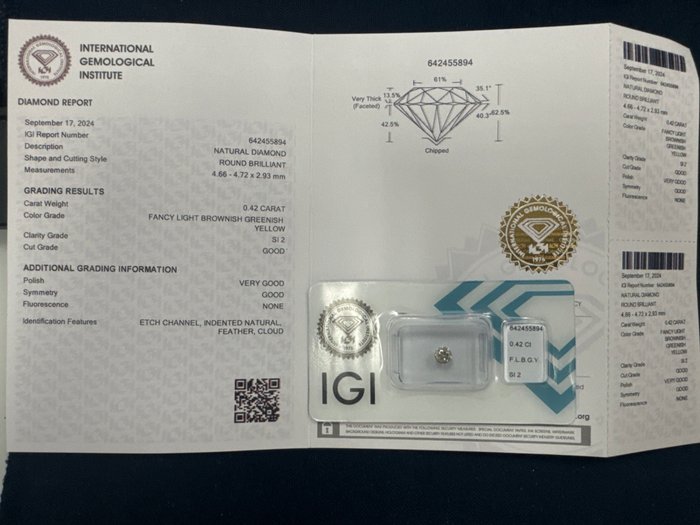 Ingen mindstepris - 1 pcs Diamant  (Naturfarvet)  - 0.42 ct - Rund - Fancy light Brunlig, Grønlig Gul - SI2 - International Gemological Institute (IGI)