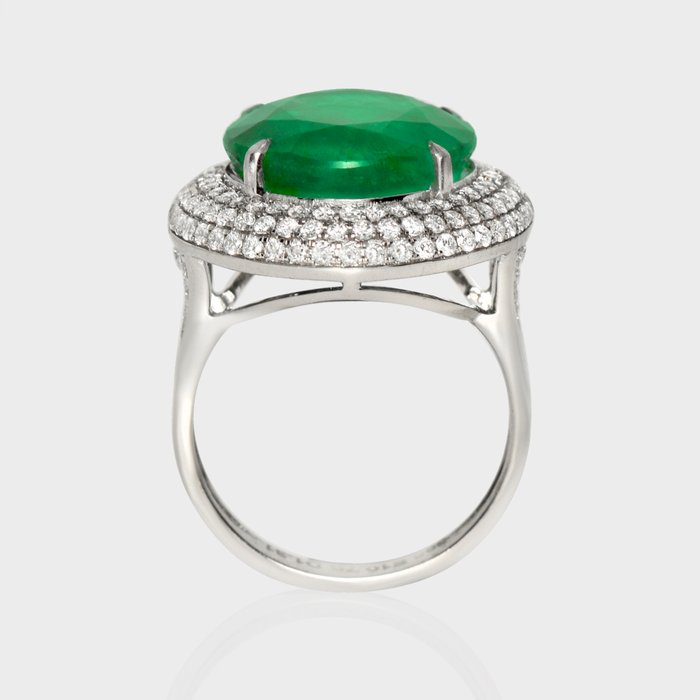 Ingen mindstepris - Ring - 14 karat Hvidguld -  12.01ct. tw. Smaragd - Diamant - IGI 10,70 ct Zambia Grøn