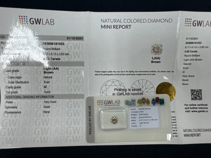 Ingen mindstepris - 1 pcs Diamant  (Naturfarvet)  - 0.98 ct - Rund - Light Brun - I2 - Gemewizard Gemological Laboratory (GWLab)