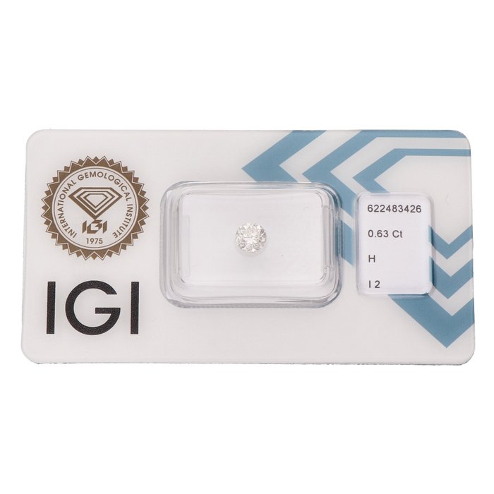 Ingen mindstepris - 1 pcs Diamant  (Natur)  - 063 ct - Rund - H - I2 - International Gemological Institute (IGI)