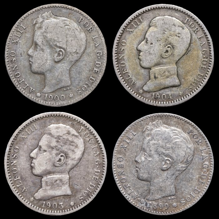 Spanien. Alfonso XIII (1886-1931). 1 Peseta 1899-1904 (4 monedas)  (Ingen mindstepris)