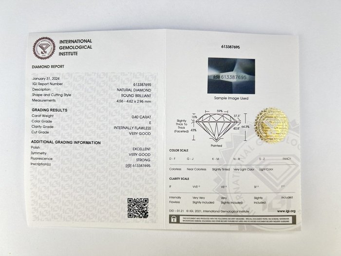 1 pcs Diamant  (Natur)  - 0.40 ct - Rund - E - IF - International Gemological Institute (IGI)