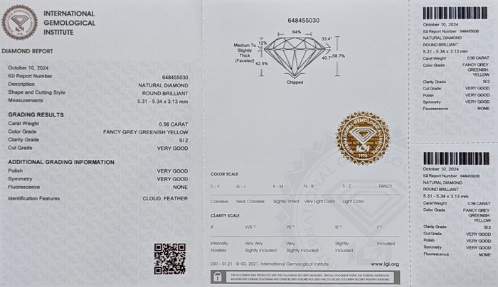 Ingen mindstepris - 1 pcs Diamant  (Naturfarvet)  - 0.56 ct - Rund - Fancy Grå Gul - SI2 - International Gemological Institute (IGI)