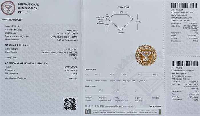 Ingen mindstepris - 1 pcs Diamant  (Naturfarvet)  - 0.12 ct - Oval - Fancy intense Gul Orange - VS2 - International Gemological Institute (IGI)