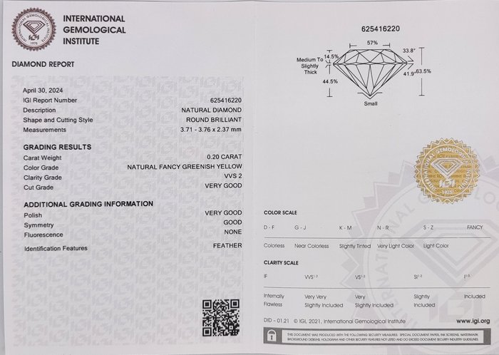 Ingen mindstepris - 1 pcs Diamant  (Naturfarvet)  - 0.20 ct - Rund - Fancy Grønlig Gul - VVS2 - International Gemological Institute (IGI)