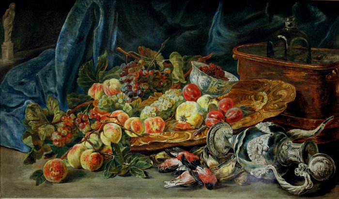 Willem van Aelst (1627-1683), after - Large Still Life With Fruits, Birds And Silver Objects By A Water Cooler Basin With Two Glass Flasks