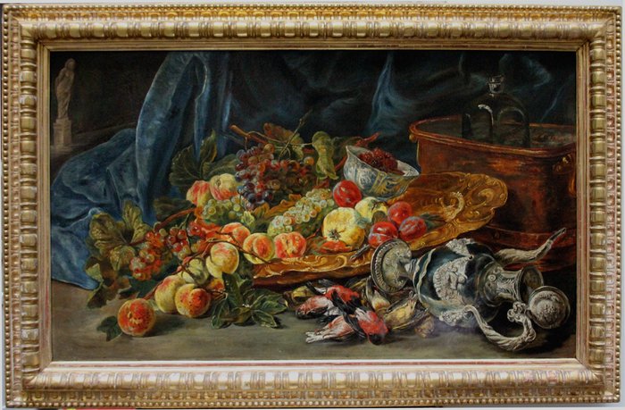 Willem van Aelst (1627-1683), after - Large Still Life With Fruits, Birds And Silver Objects By A Water Cooler Basin With Two Glass Flasks