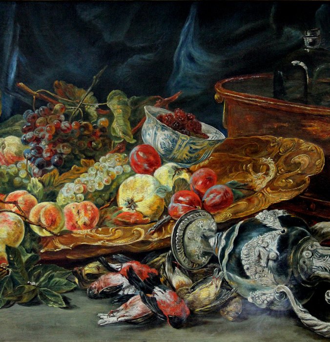 Willem van Aelst (1627-1683), after - Large Still Life With Fruits, Birds And Silver Objects By A Water Cooler Basin With Two Glass Flasks