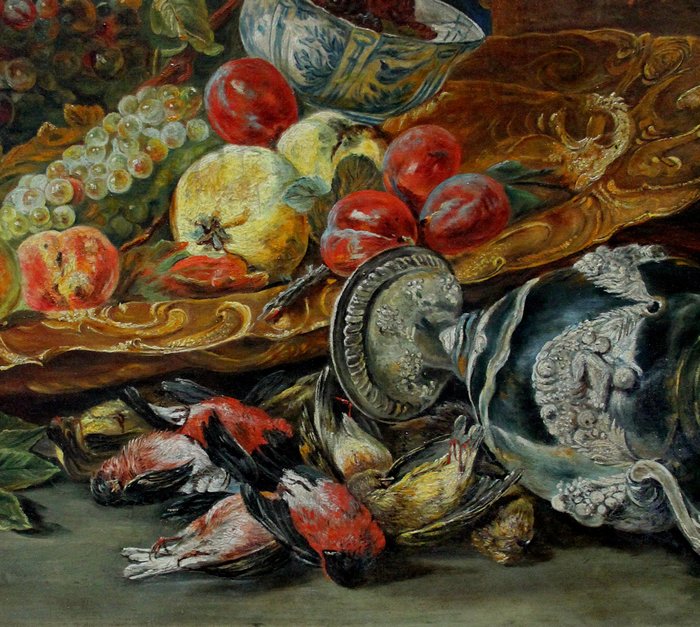 Willem van Aelst (1627-1683), after - Large Still Life With Fruits, Birds And Silver Objects By A Water Cooler Basin With Two Glass Flasks