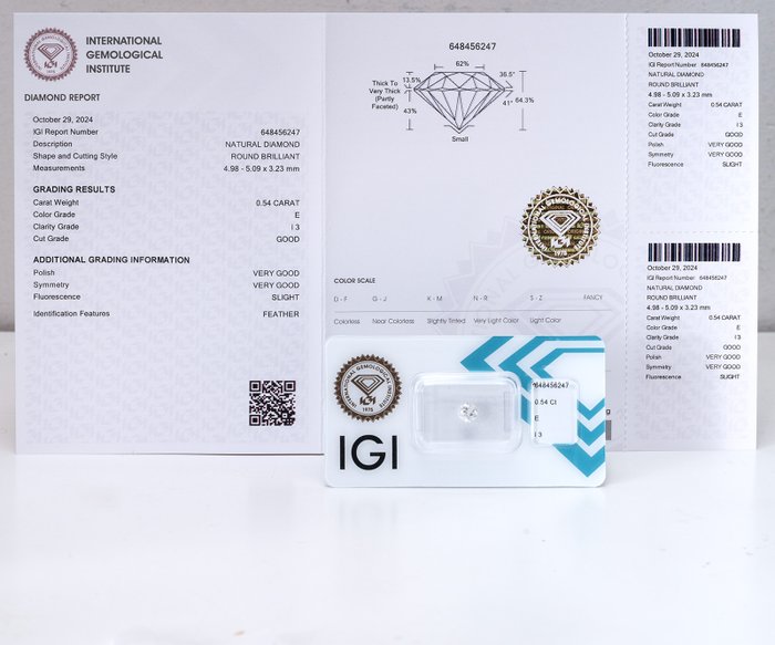 Ingen mindstepris - 1 pcs Diamant  (Natur)  - 0.54 ct - Rund - E - I3 - International Gemological Institute (IGI)