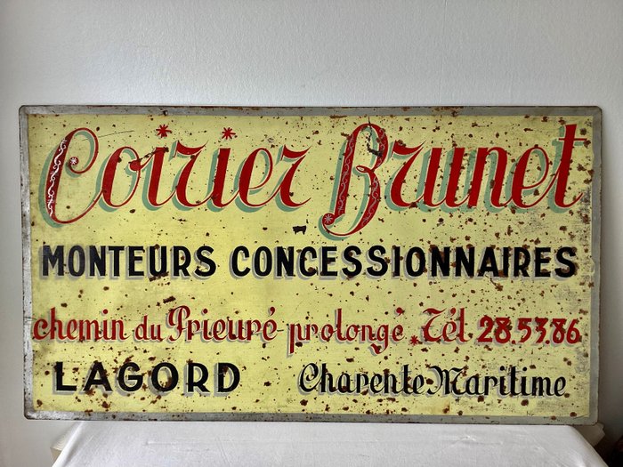 COIRIER BRUNET  MOTEURS CONCESSIONNAIRES  Lagord Charente Maritime - Reklameplakat - Gammelt industrielt metal reklamepanel 1940-1950 __ 55 x 100 cm